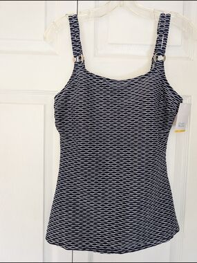 croft & barrow Navy and White Wave-Print Ring Strap Swim Tank